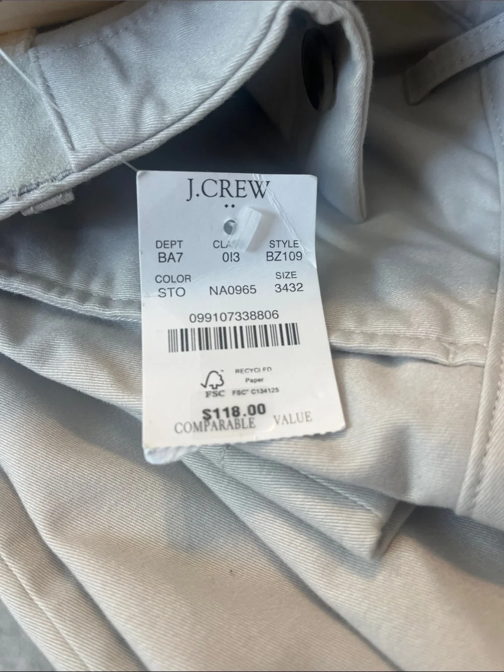 J. Crew Men's Flex Slim Stone Khaki Pants Sz 34/32 NWT